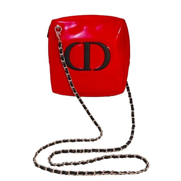 DIOR Crossbody Purse 6.5" Square RED GLOSSY converted Cosmetic bag w GOL… - Picture 15 of 16